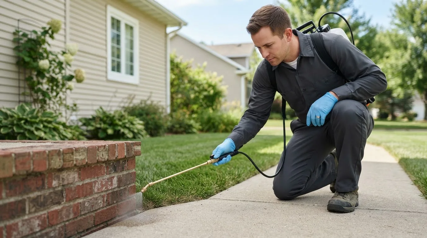 Pest control technician treating a home near Perley, MN