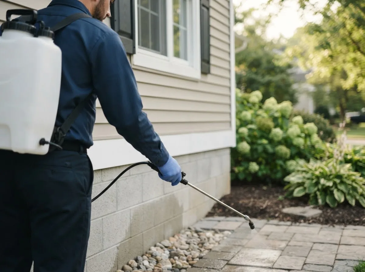 Pest control technician inspecting a home in Perley, MN